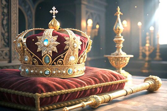 Majestic gold crown with jewels and royal scepter in glowing luxury scene