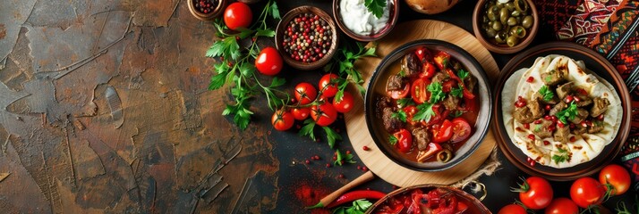Traditional bulgarian cuisine celebration for independence day festivities. Traditional bulgarian food. Horizontal banner. Copy space. Free space for text