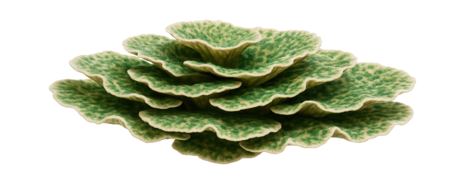 Plate coral with wide, thin plates stacked in layers and a mottled green pattern