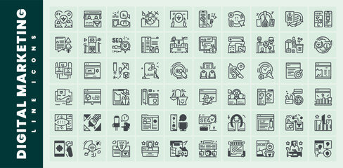 A set of digital marketing line icons for online promotion and seo