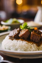 beef rendang with white rice close up background 