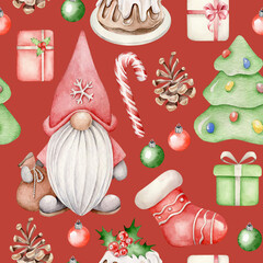 Watercolor Christmas illustration with Santa,Christmas tree,Christmas sock,pudding,presents,pine cone,candy,Christmas balls.New Year pattern
