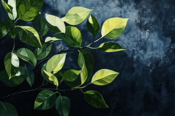 Green Leaves on Dark Blue Textured Background. Botanical Illustration with Foliage on Left Side
