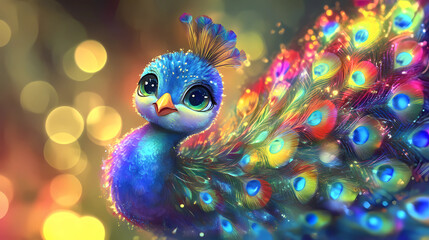 Tiny baby peacock spreading its colorful tail glow