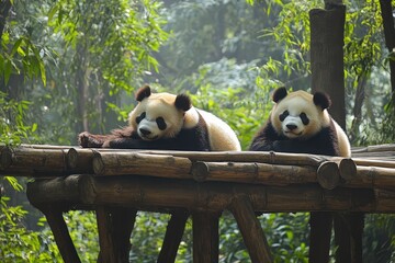 Fototapeta premium Two Giant Pandas resting on bamboo platform in natural habitat