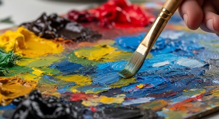 Obraz premium Close-up of a paintbrush mixing vibrant colors on a painter's palette