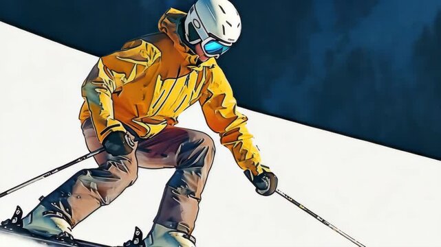 A person skiing on a snowy hill, wearing winter gear and helmet. This is an active outdoor activity for thrill-seekers during the colder months.