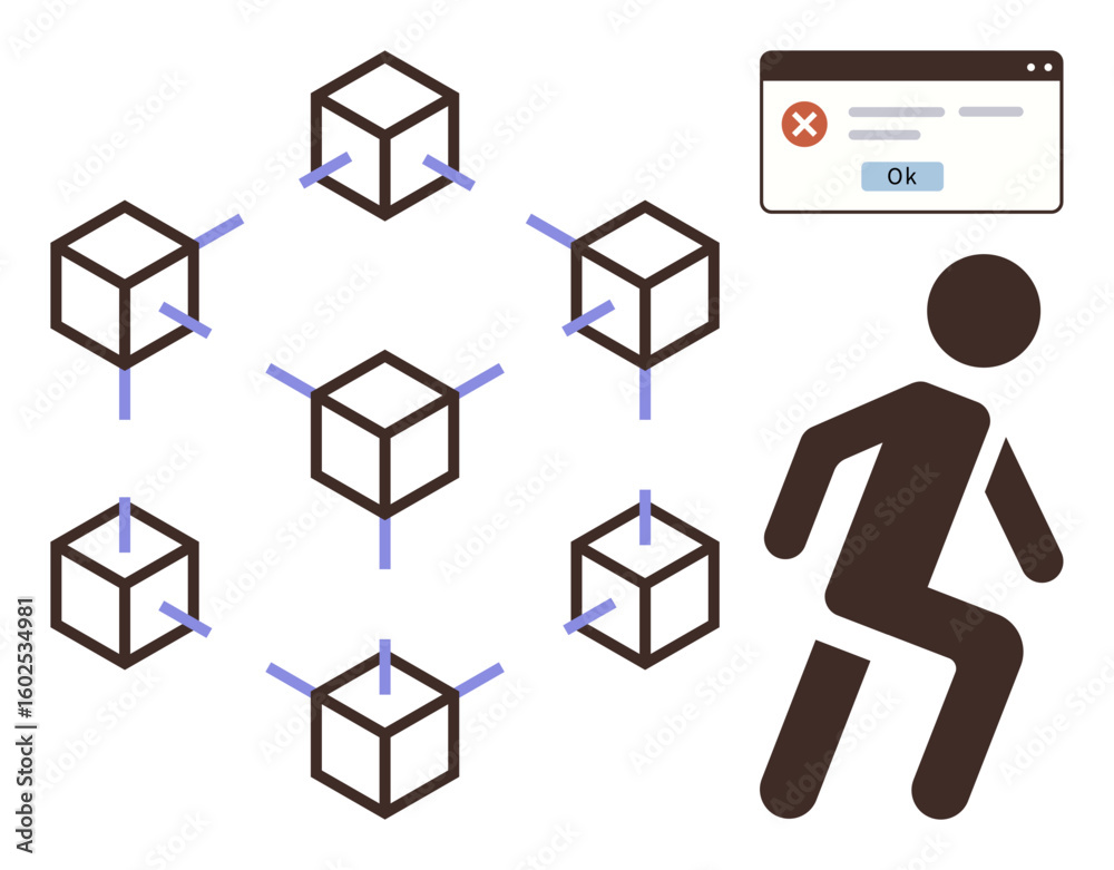 Poster blockchains interconnected in a decentralized network, error message in window pop-up, running perso