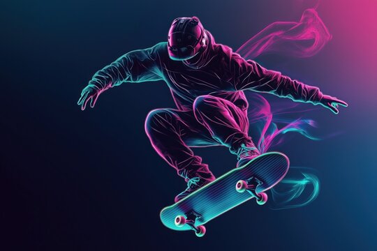 A neon-outlined skateboarder performing a trick in mid-air, with motion trails suggesting fast-paced action.
