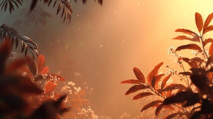 Lush foliage with vibrant red leaves and delicate white flowers illuminated by warm sunlight, creating a serene atmosphere in a natural environment with a transparent background