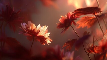 Delicate pink and white flowers with vibrant red leaves are illuminated by soft light, creating a serene atmosphere with a transparent background for versatile design applications