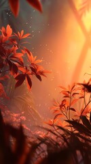 Vibrant autumn foliage with glowing orange and red leaves illuminated by soft sunlight, creating a warm and enchanting atmosphere in a serene forest setting