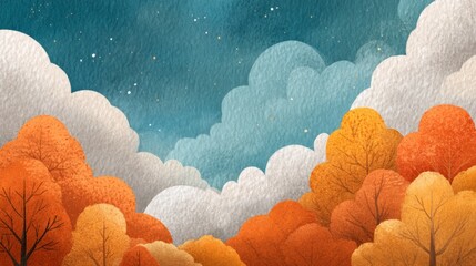 Colorful autumn landscape illustration featuring vibrant orange and yellow trees against a serene blue sky with fluffy clouds, creating a peaceful and inviting atmosphere for nature lovers