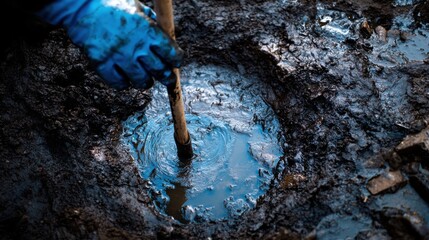 Worker in gloves mixes polluted soil with water