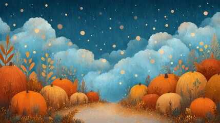 Colorful autumn landscape illustration featuring vibrant orange pumpkins, lush foliage, and whimsical clouds against a starry night sky, creating a magical seasonal atmosphere