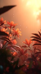 Vibrant orange flowers with delicate petals and lush green leaves are illuminated by warm sunlight, creating a serene and enchanting atmosphere in a natural setting