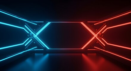 Futuristic neon light tunnel with intersecting lines and dark background.