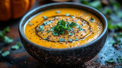 Delicious bowl of creamy pumpkin soup garnished with fresh herbs and drizzled with olive oil served in a rustic ceramic bowl on a wooden table evoking warmth and comfort for the season