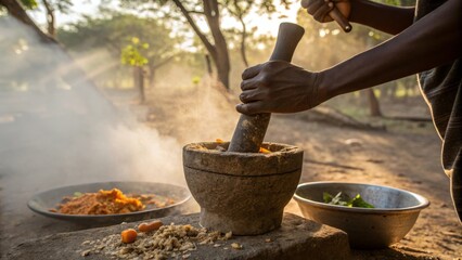 Person Using Mortar and Pestle to Grind Ingredients Outdoors