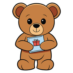 Obraz premium A charming cute teddy bear holding a tiny birthday card, on a plain white background, symbolizing warmth, affection, and childhood joy.