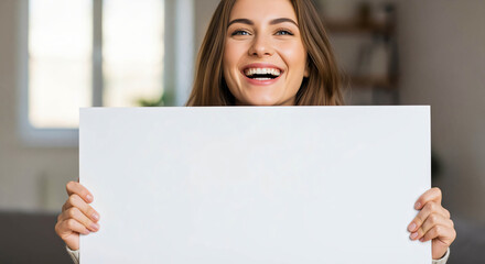 Smiling Woman Holding Blank White Sign
