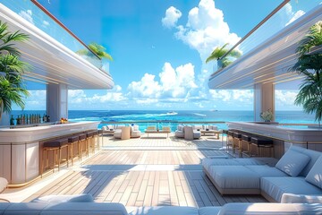 The expansive sun deck of a cruise ship, featuring a bar area, cushioned seating, and clear blue skies above. 