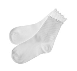 Pair of comfortable socks isolated on white, top view
