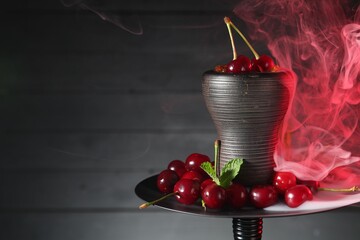 Hookah with cherries and smoke on black background, closeup. Space for text