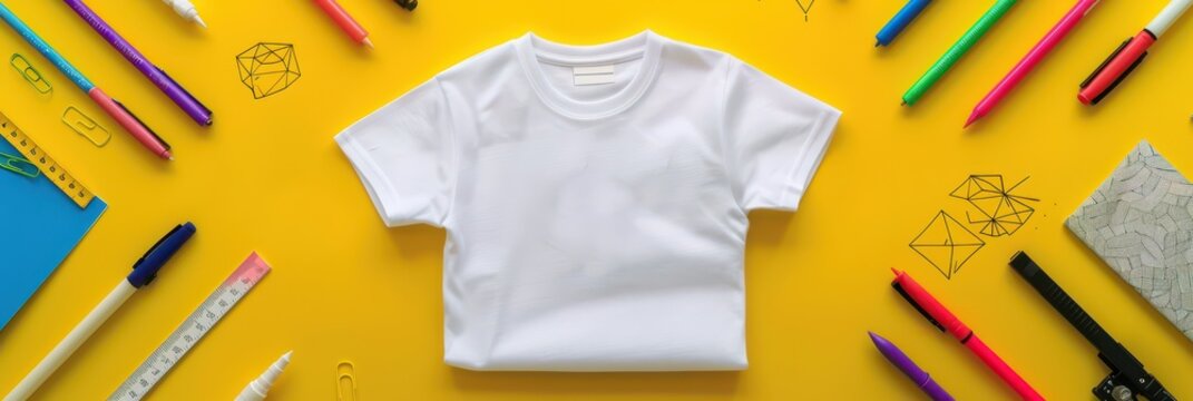 Back to school template with white t-shirt and colorful stationery on yellow background. Flat lay. Horizontal banner. Copy space. Template for store, shop, supermarket. Top view