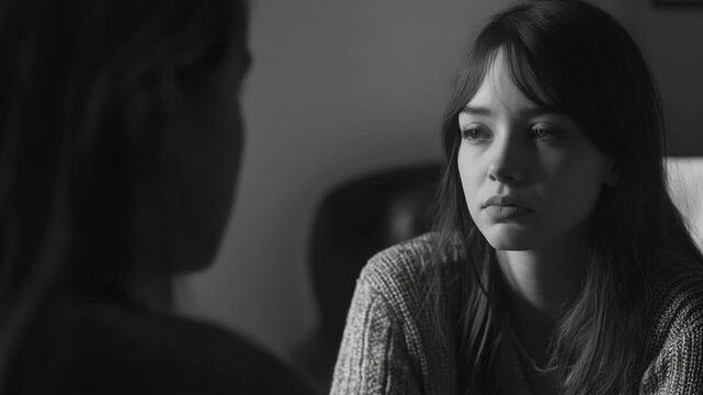 A young woman engaged in a heartfelt discussion with another person.