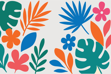 Vibrant tropical leaves and flowers pattern on light background