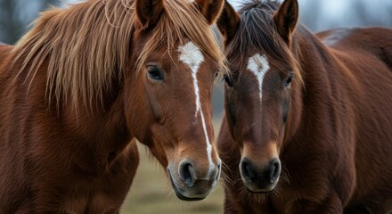 Chestnut Brown Horse Pair Standing Close in Field, Soft Light