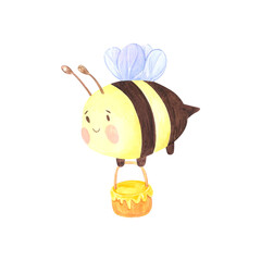 Honey bee with basket of pollen, hand drawn watercolor illustration isolated on white background. Can be used for label, postcards and other printed products.