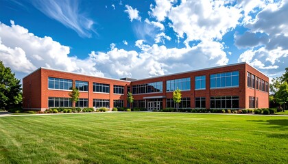 Fototapeta premium Exterior of a modern red brick high school building with large windows and a green grass lawn in front, in the background is a blue sky with white clouds
