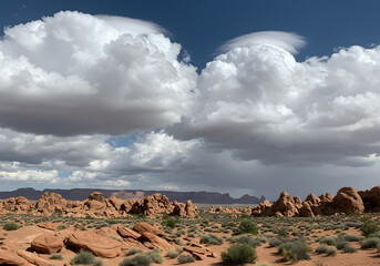 Desert landscape under storm clouds