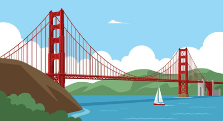 Stylized iconic San Francisco bridge view over serene blue waters with a sailboat passing under a sky with fluffy clouds