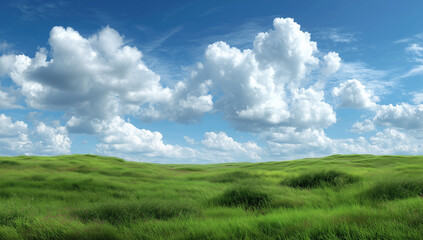 Obraz premium Lush Green Field Under Bright Blue Sky with Fluffy White Clouds in the Background