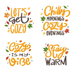 Set of hand-drawn autumn quotes with cozy lettering and colorful fall leaves. Perfect for seasonal greeting cards and prints.  