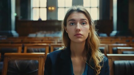 A woman in a formal setting, possibly during a legal proceeding or contemplating her next steps.