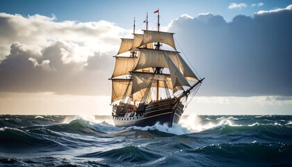 Obraz premium Historical sailboat in stormy waters - adventure story at sea
