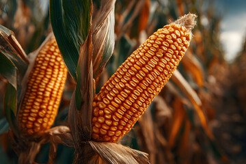 Close up of golden corn cobs ripening on the stalks, ready for harvest