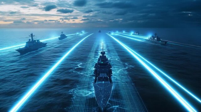 Explore ocean-based military assets with advanced holographic overlays showcasing radar zones, missile range, and real-time communication links.