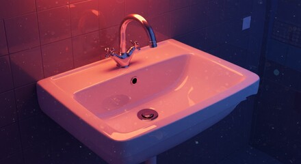 Fototapeta premium White Bathroom Sink with Silver Faucet, Moody Lighting on Dark Tiles