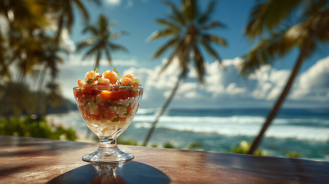 Exotic shrimp cocktail sits on a beach table