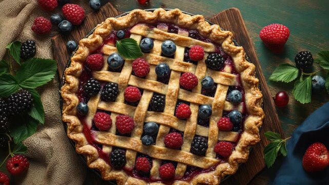 A close-up of a deliciously fresh pie with blueberry and raspberry filling, topped with more ripe berries. A delightful dessert for all ages.