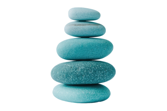 A stack of five smooth, light teal-colored stones, balanced precisely on top of each other, creating a small, stable pyramid