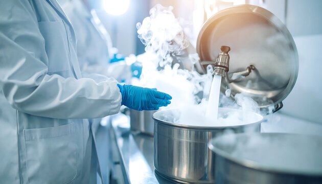 Ivf treatment, artificial insemination, close-up hand working with liquid nitrogen from cryogenic tank at sciences laboratory, high tech medical lab equipment used in vitro fertilization process