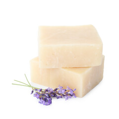 Soap bars and lavender flowers isolated on white