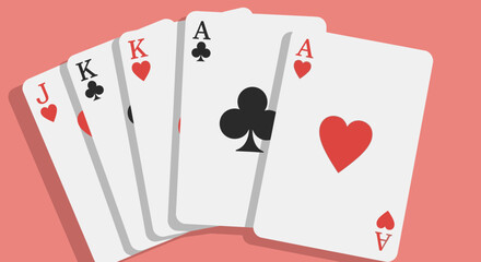 Obraz premium Digital illustration of a winning poker hand featuring a jack, kings and aces combination on a light pink background