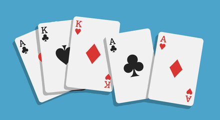 Obraz premium Flat illustration showcases a poker hand with royal flush elements against a blue backdrop showcasing gambling and strategy cards